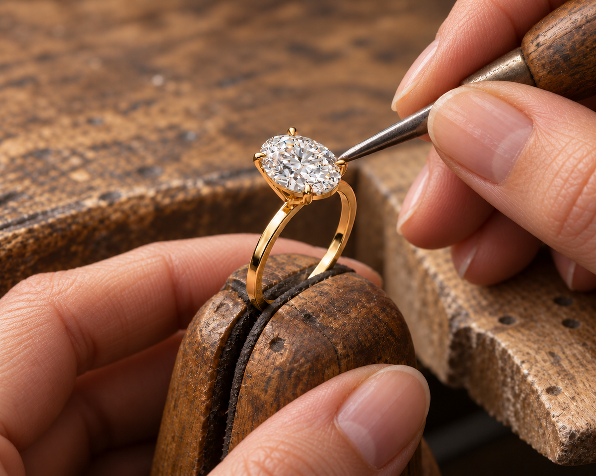 Illustrative atelier scene of a female craftsperson setting the yellow gold Oval Solitaire at an uncluttered wooden bench