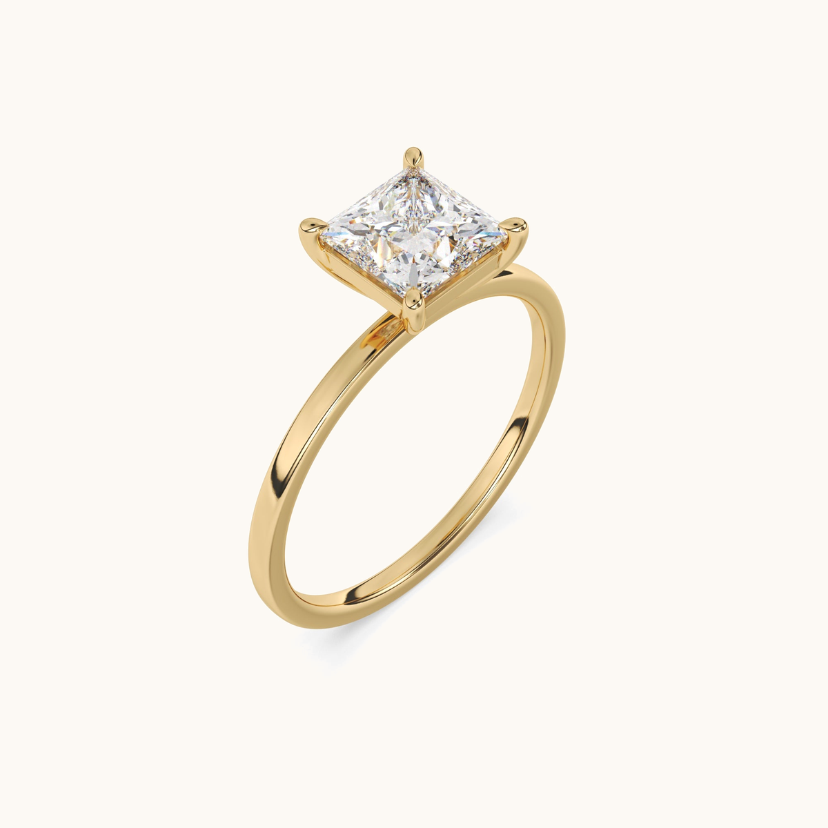 Princess-cut lab-grown diamond solitaire ring in yellow gold, angled upright view