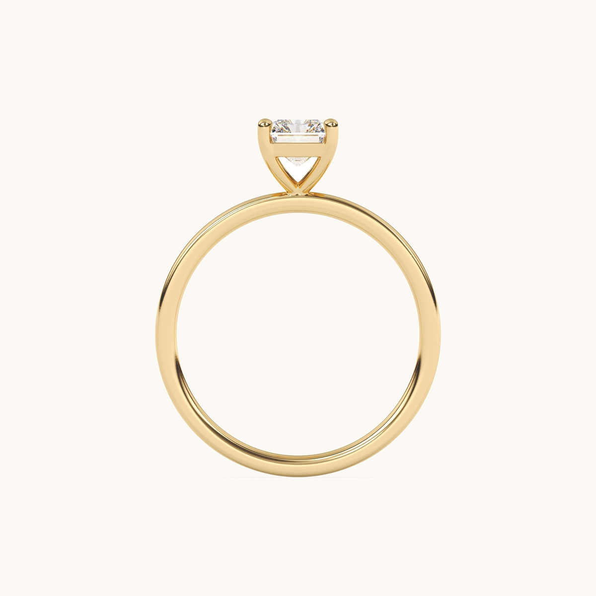 Radiant-cut lab-grown diamond solitaire ring in yellow gold, overhead view