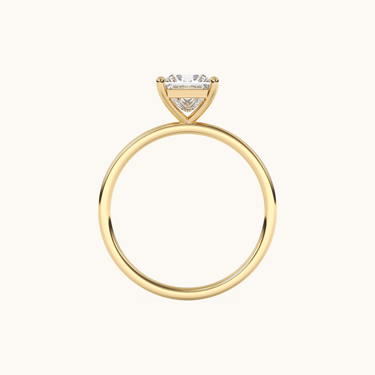 Princess-cut lab-grown diamond solitaire ring in yellow gold, overhead view