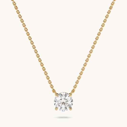 Round brilliant lab-grown diamond pendant on a yellow-gold chain, full front view