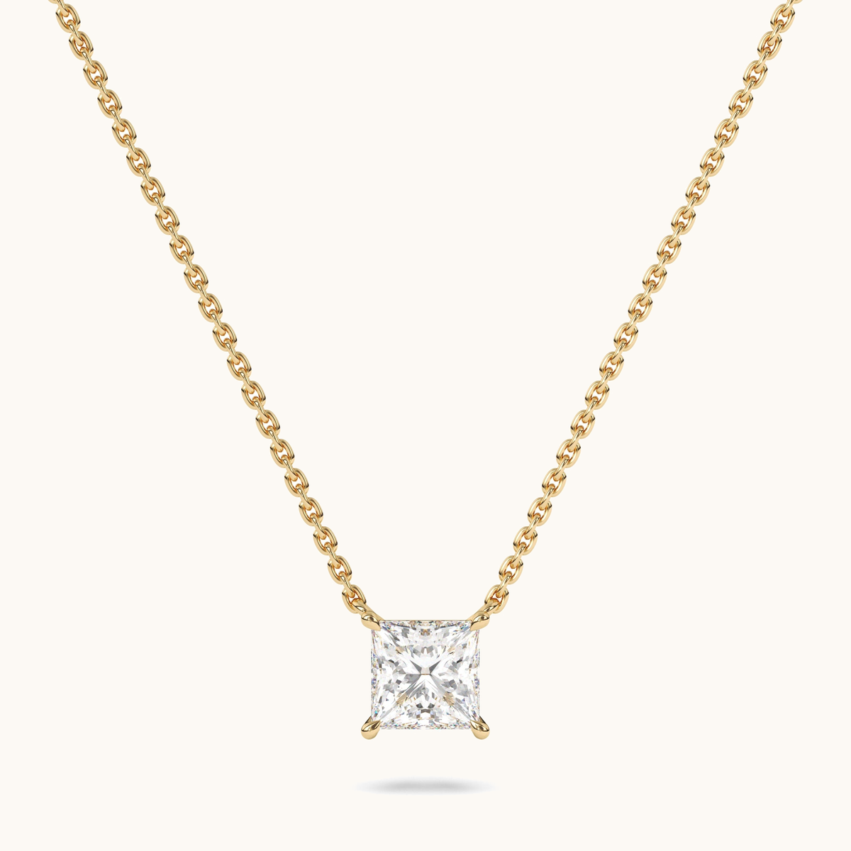 Princess-cut lab-grown diamond pendant on a yellow-gold chain, full front view