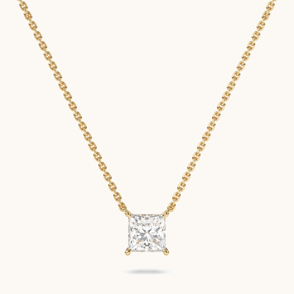 Princess-cut lab-grown diamond pendant on a yellow-gold chain, full front view