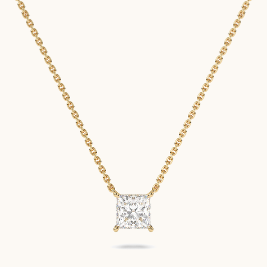 Princess-cut lab-grown diamond pendant on a yellow-gold chain, full front view