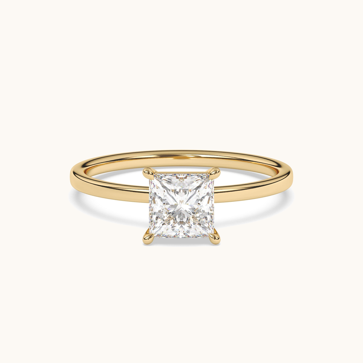 Princess-cut lab-grown diamond solitaire ring in yellow gold, low side profile