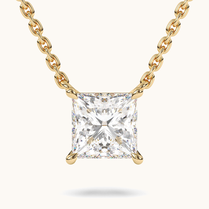 Princess-cut lab-grown diamond pendant on a yellow-gold chain, close-up front view