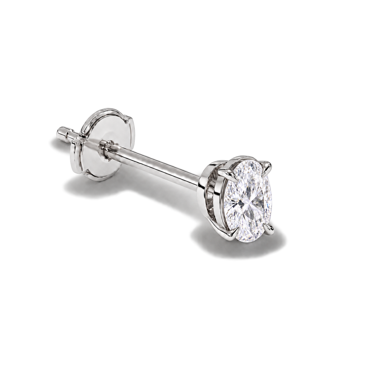 Oval diamond earrings, 1ct total pair weight, white-metal, Alpha back; RB setting style
