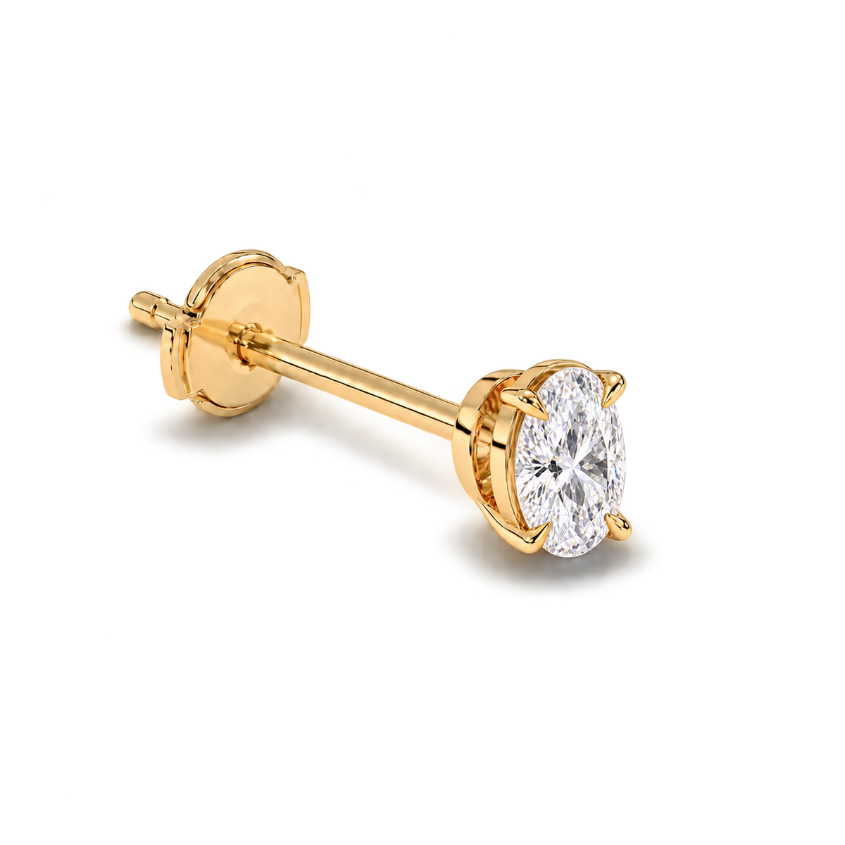 Oval diamond earrings, 1ct total pair weight, yellow-gold, Alpha back; RB setting style