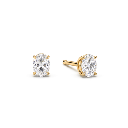 Oval diamond earrings, 1ct total pair weight, yellow-gold, angled; RB setting style