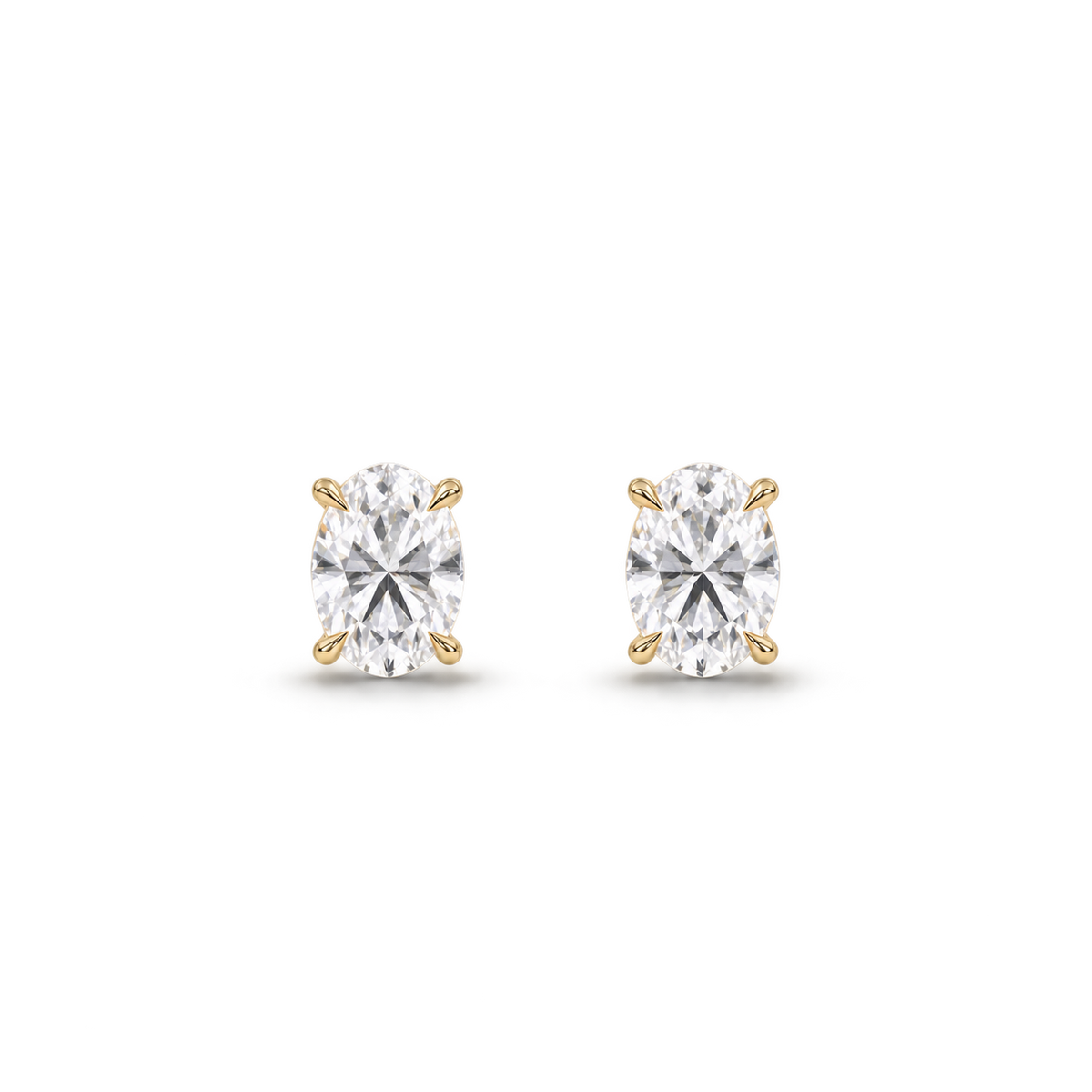Oval diamond earrings, 1ct total pair weight, yellow-gold, front; RB setting style