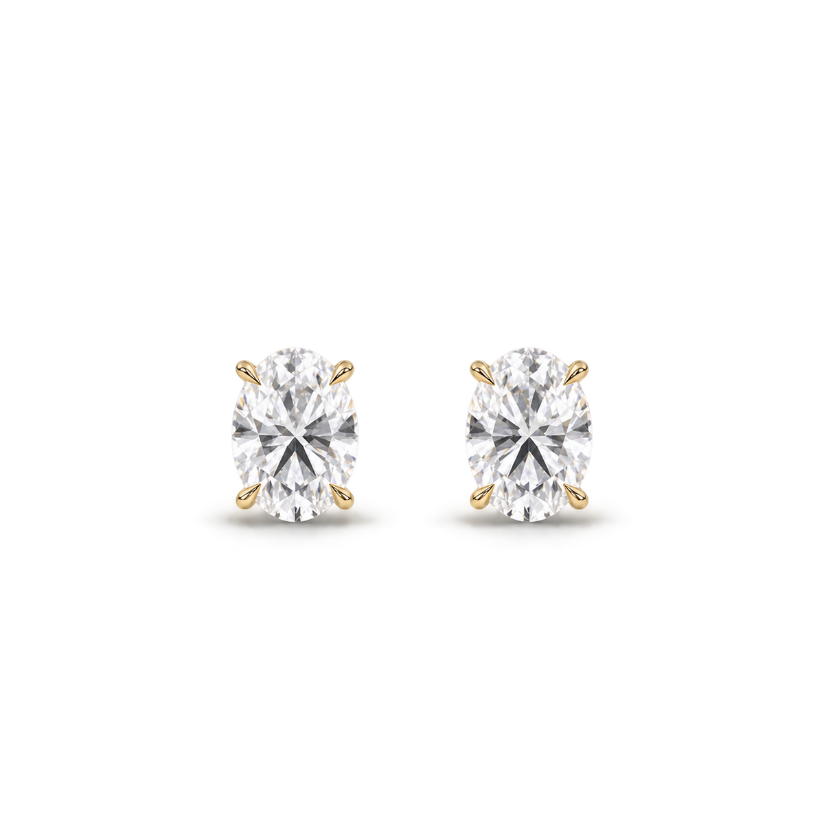 Oval diamond earrings, 1.5ct total pair weight, yellow-gold, front; RB setting style