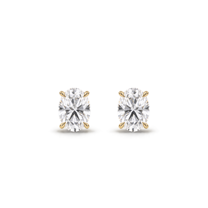 Oval diamond earrings, 1.5ct total pair weight, yellow-gold, front; RB setting style