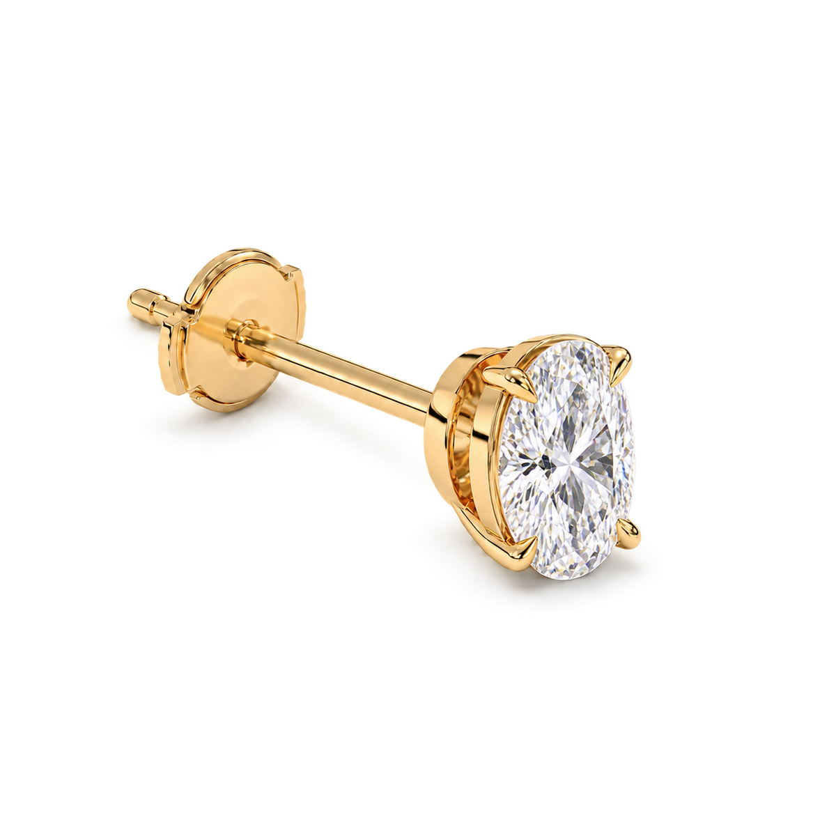 Oval diamond earrings, 2ct total pair weight, yellow gold, Alpha safety back view