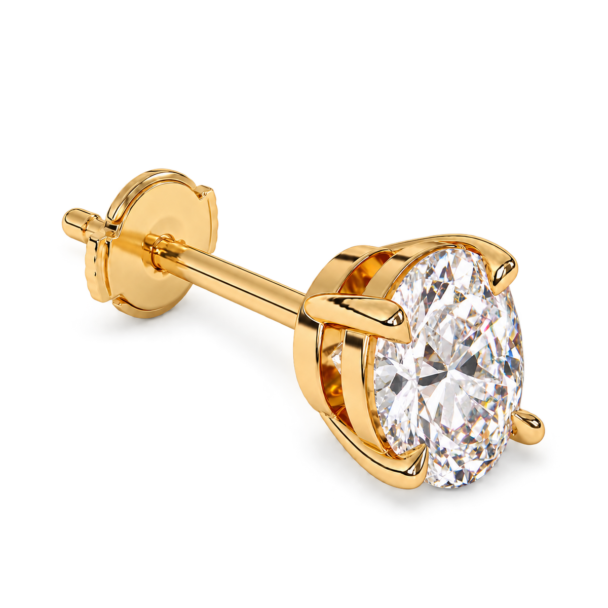 Oval diamond stud, 2ct total pair — 1ct each — yellow gold, coherent oval head with central post and Alpha safety back