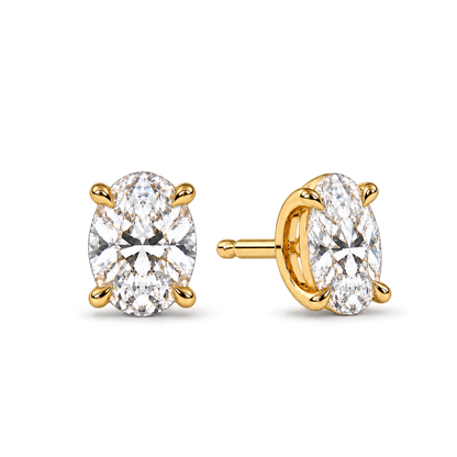 Oval diamond studs, fixed 2ct total pair — 1ct each — yellow gold, front and angled pair with coherent oval setting