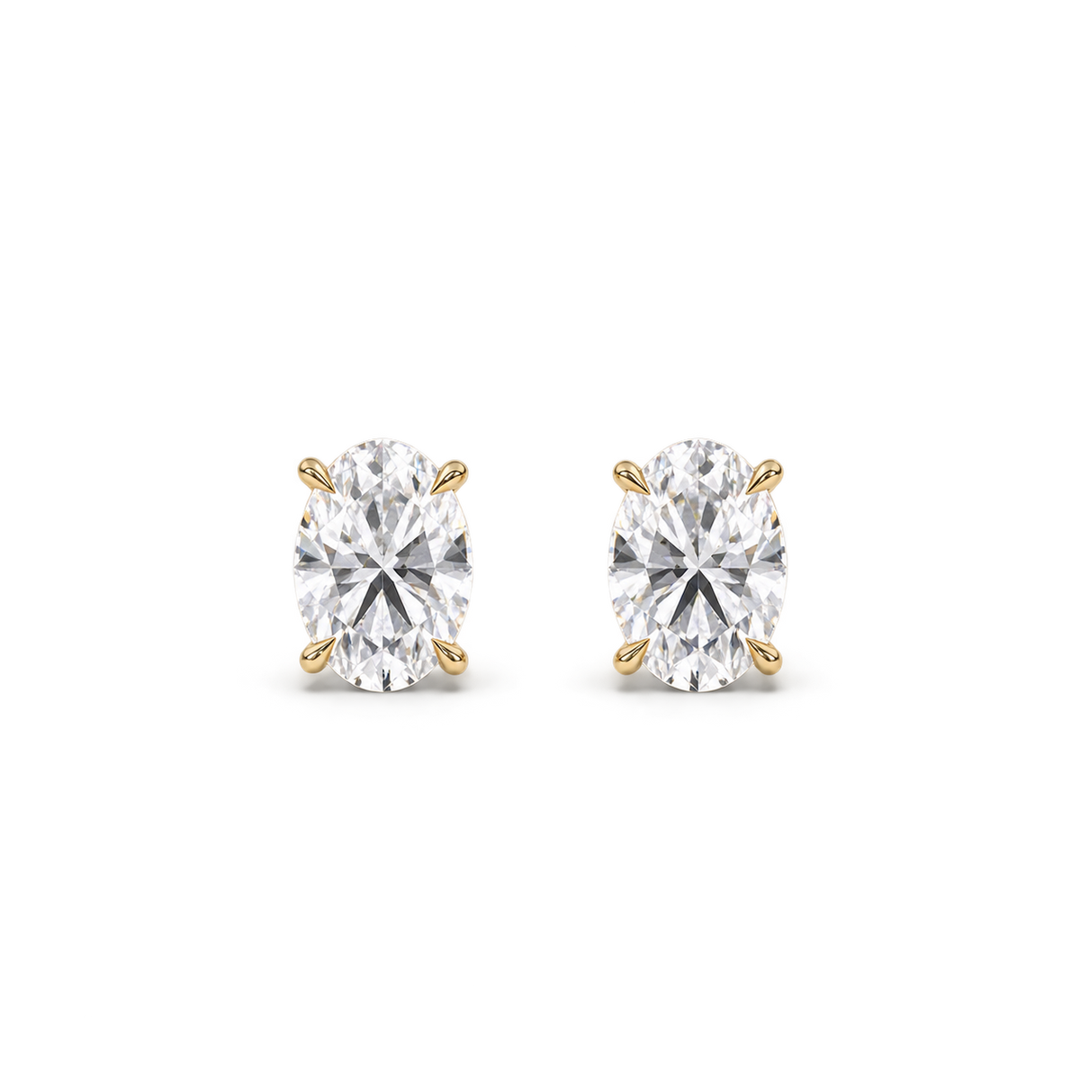Oval diamond earrings, 2ct total pair weight, yellow gold, front view