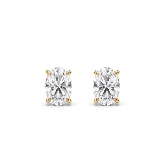 Oval diamond studs, 2ct total pair — 1ct each — yellow gold, front view