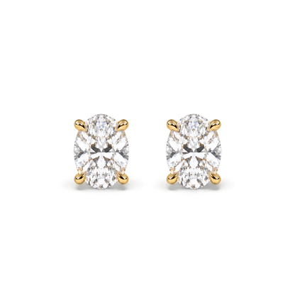Oval diamond studs, 2ct total pair — 1ct each — yellow gold, front view