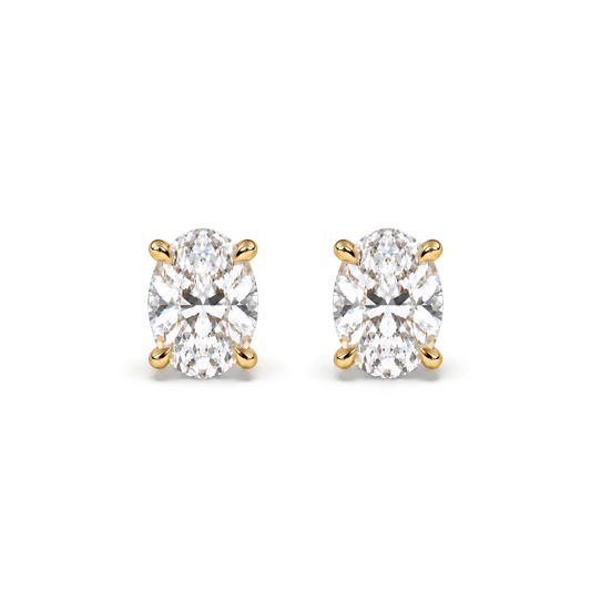 Oval diamond studs, 2ct total pair — 1ct each — yellow gold, front view