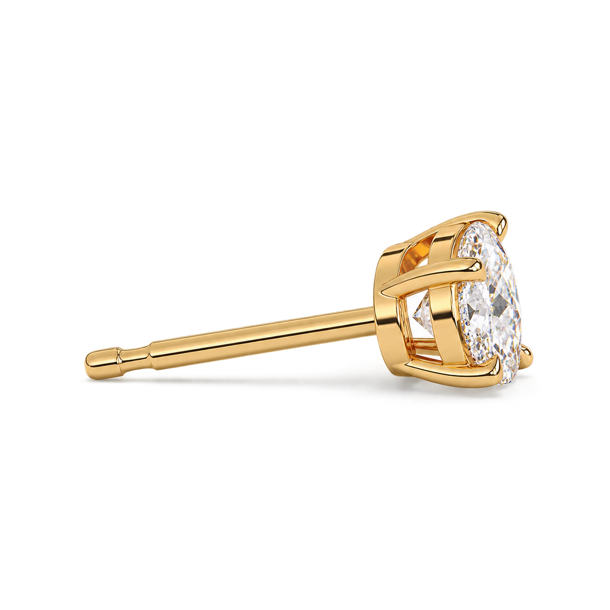 Oval diamond stud, 2ct total pair — 1ct each — yellow gold, open two-rail oval gallery and central post, side detail