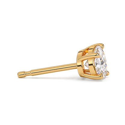 Oval diamond stud, 2ct total pair — 1ct each — yellow gold, open two-rail oval gallery and central post, side detail