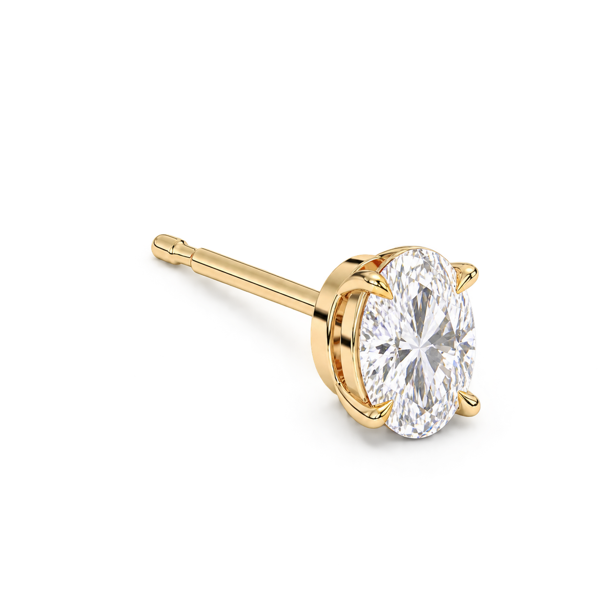 Oval diamond earrings, 2ct total pair weight, yellow gold, three-quarter view