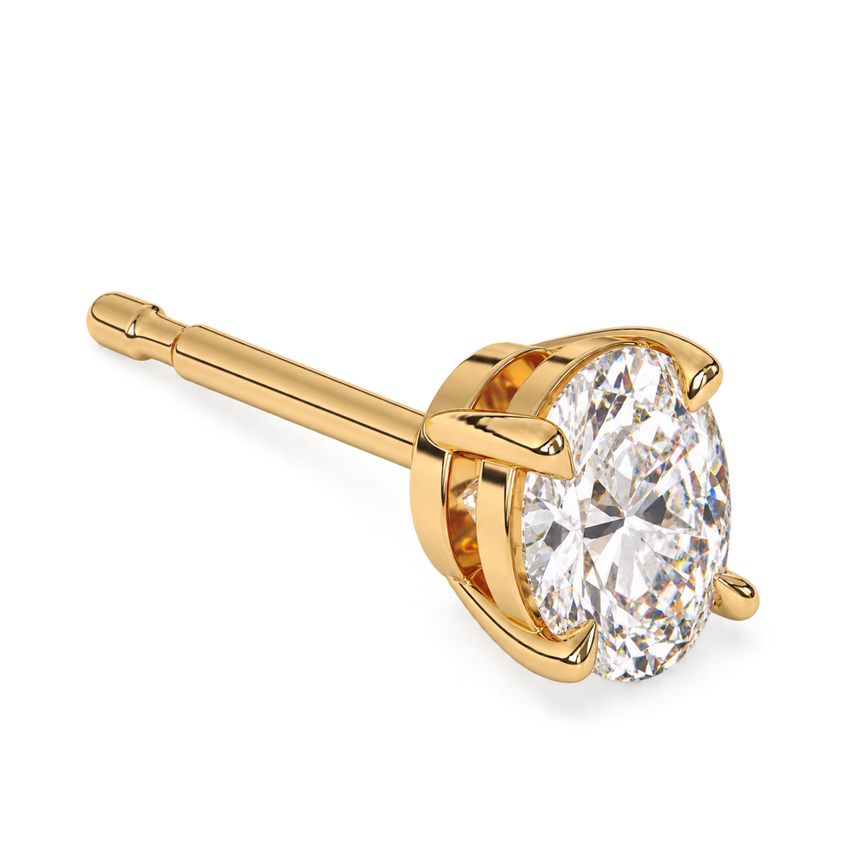 Oval diamond stud, 2ct total pair — 1ct each — yellow gold, round-setting construction adapted to oval, three-quarter detail