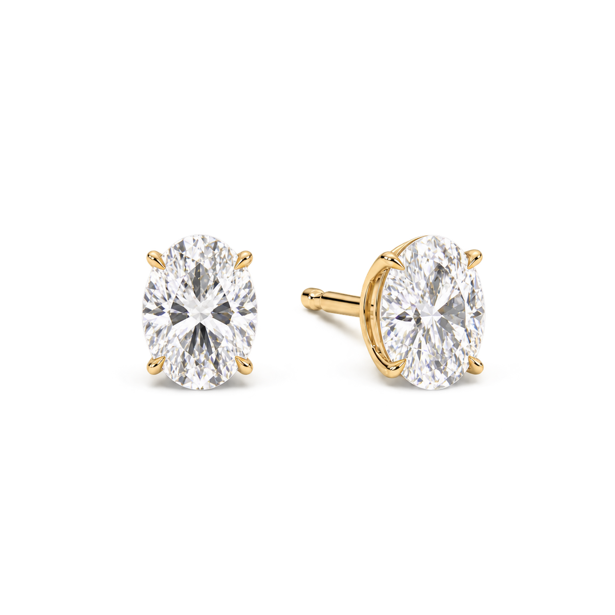 Oval diamond earrings, 3ct total pair weight, yellow-gold, angled; RB setting style