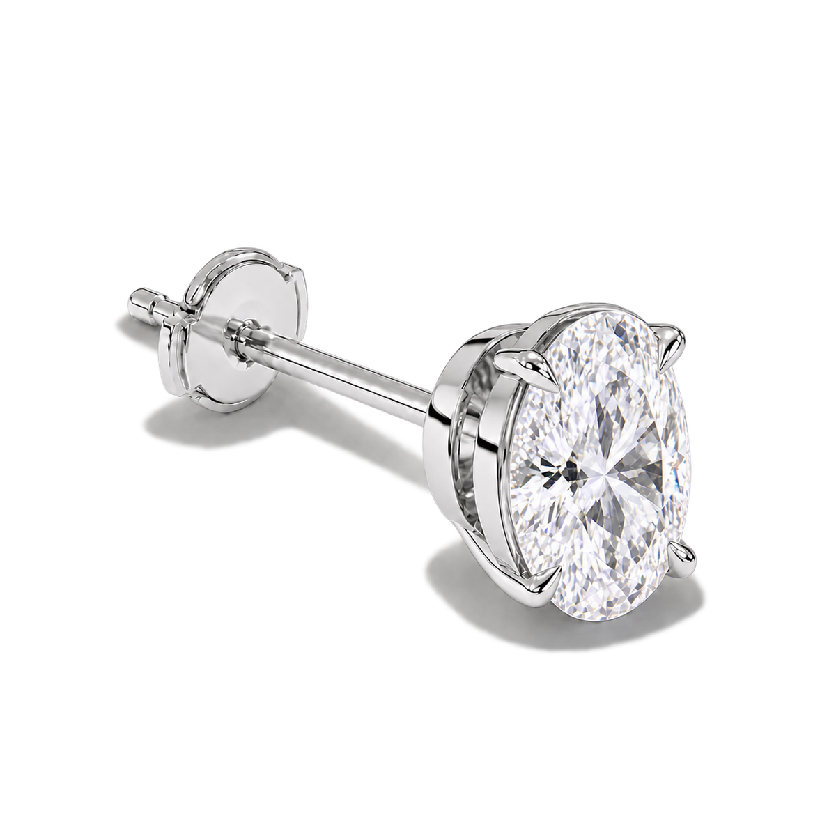 Oval diamond earrings, 4ct total pair weight, white-metal, Alpha back; RB setting style