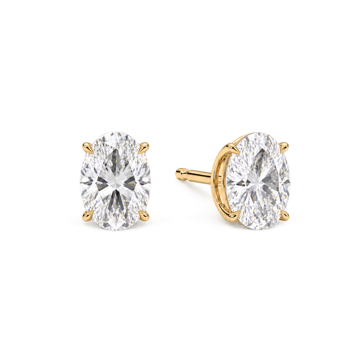 Oval diamond earrings, 4ct total pair weight, yellow-gold, angled; RB setting style