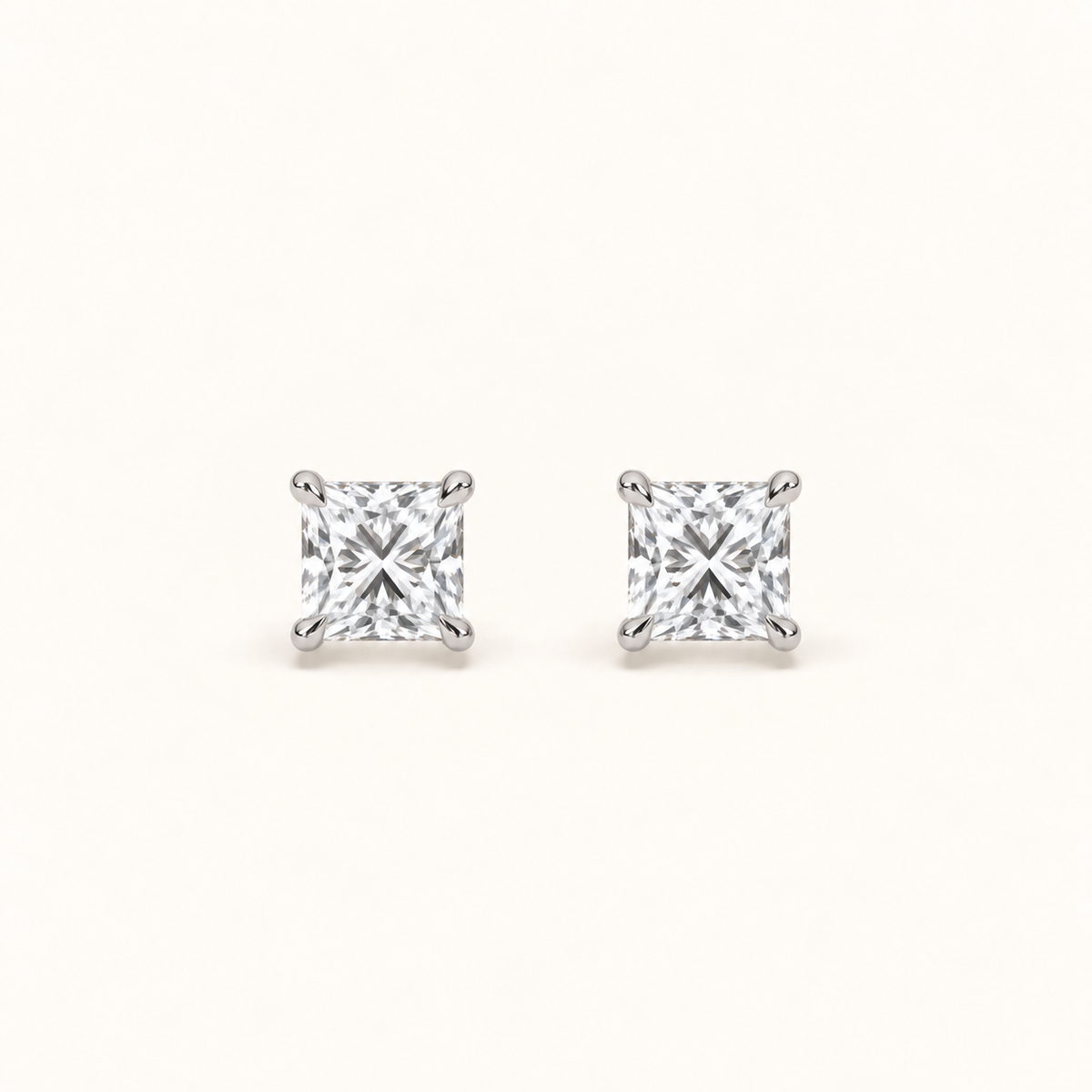 Princess-cut diamond stud earrings, 1 total carat weight, platinum — front