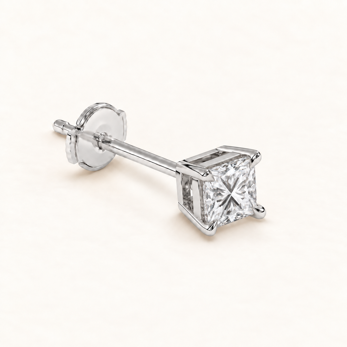 Princess-cut diamond stud earrings, 1 total carat weight, white gold — alpha-back