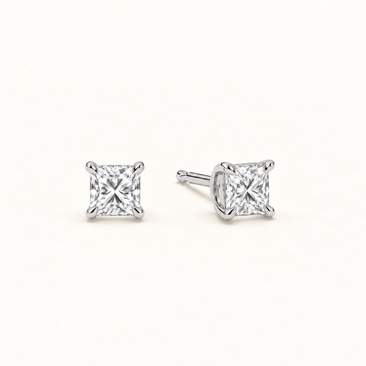 Princess-cut diamond stud earrings, 1 total carat weight, white gold — angled