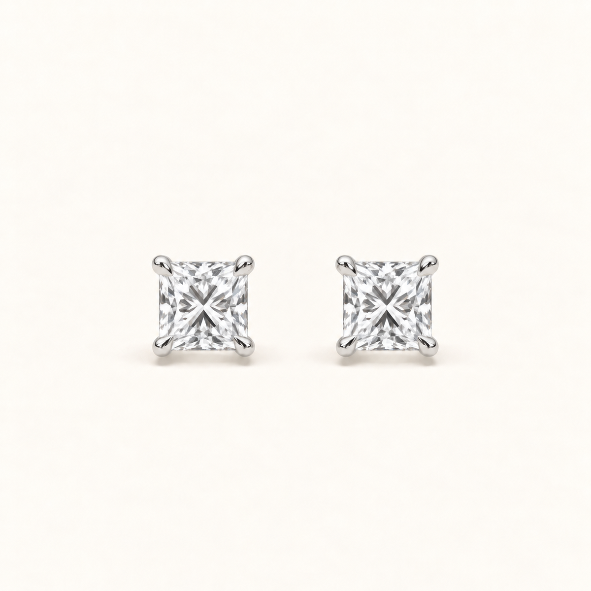 Princess-cut diamond stud earrings, 1 total carat weight, white gold — front