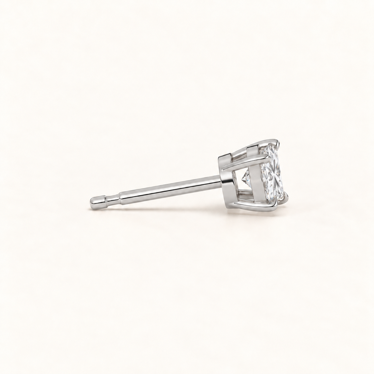 Princess-cut diamond stud earrings, 1 total carat weight, white gold — side