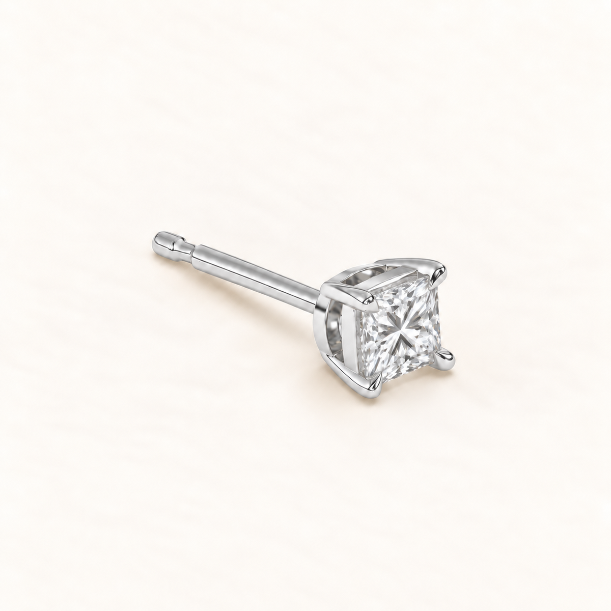 Princess cut diamond earrings, 1 total carat weight, white gold, three quarter view