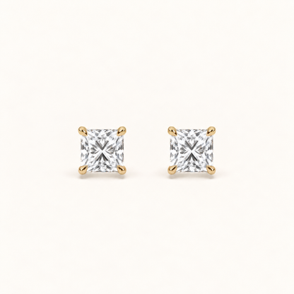 Princess diamond earrings, 1ct total pair weight, yellow gold, view 1