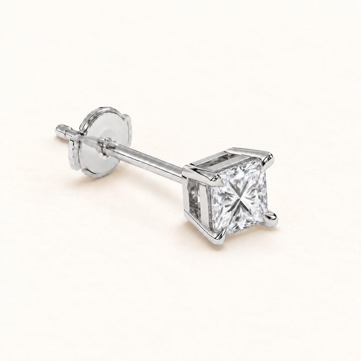 Princess-cut diamond stud earrings, 1.5 total carat weight, white gold — alpha-back