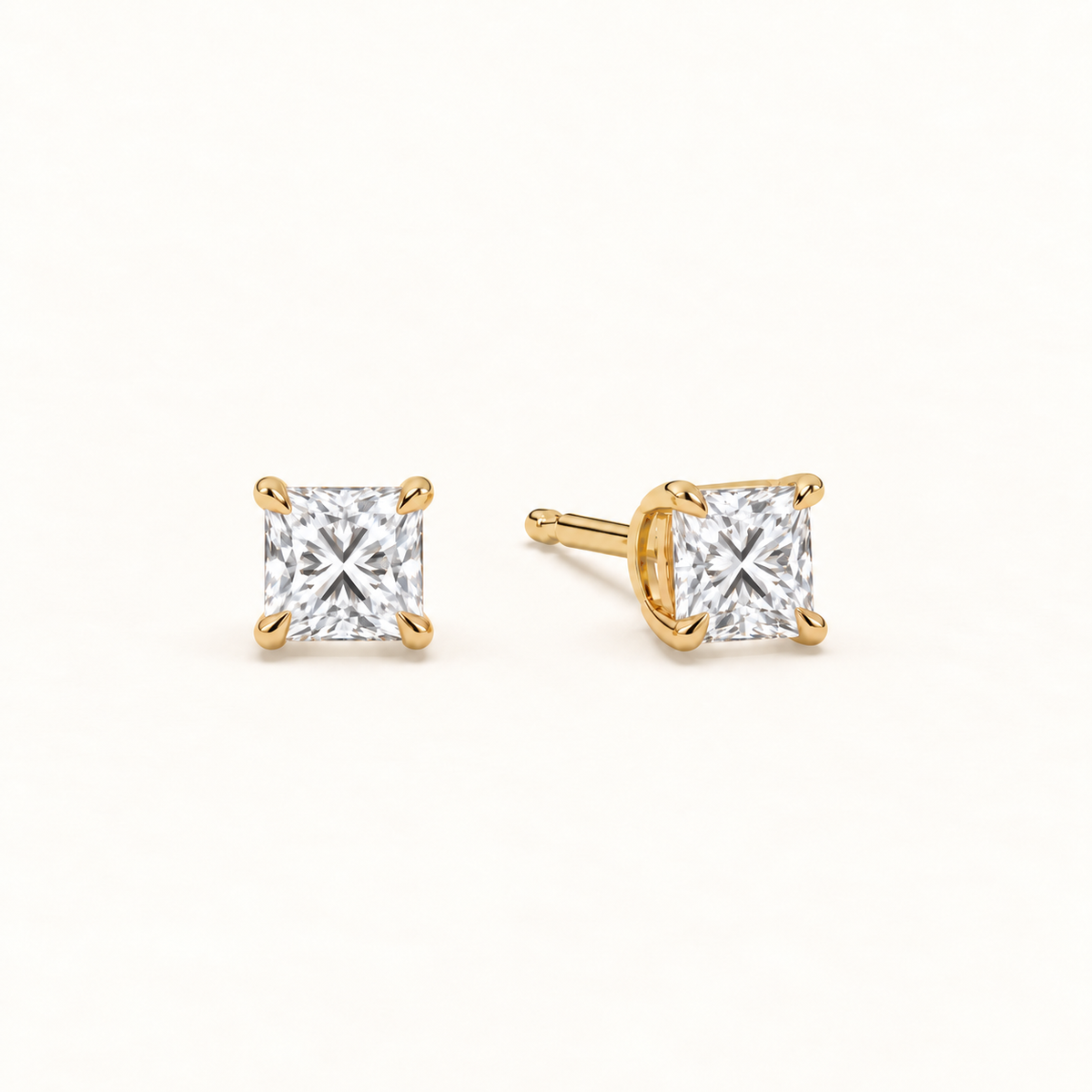 Princess diamond earrings, 1.5ct total pair weight, yellow gold, view 2