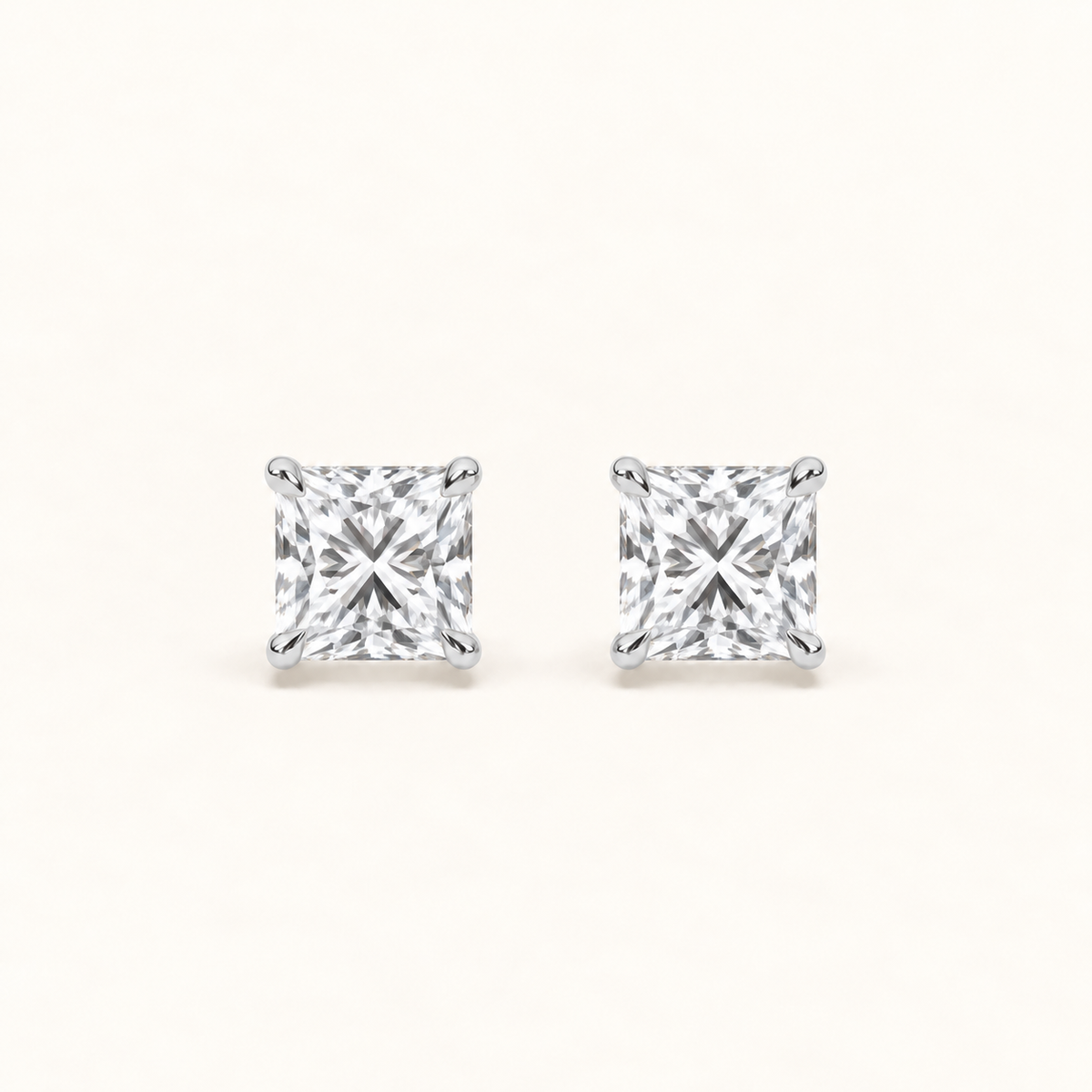Princess-cut diamond stud earrings, 2 total carat weight, platinum — front