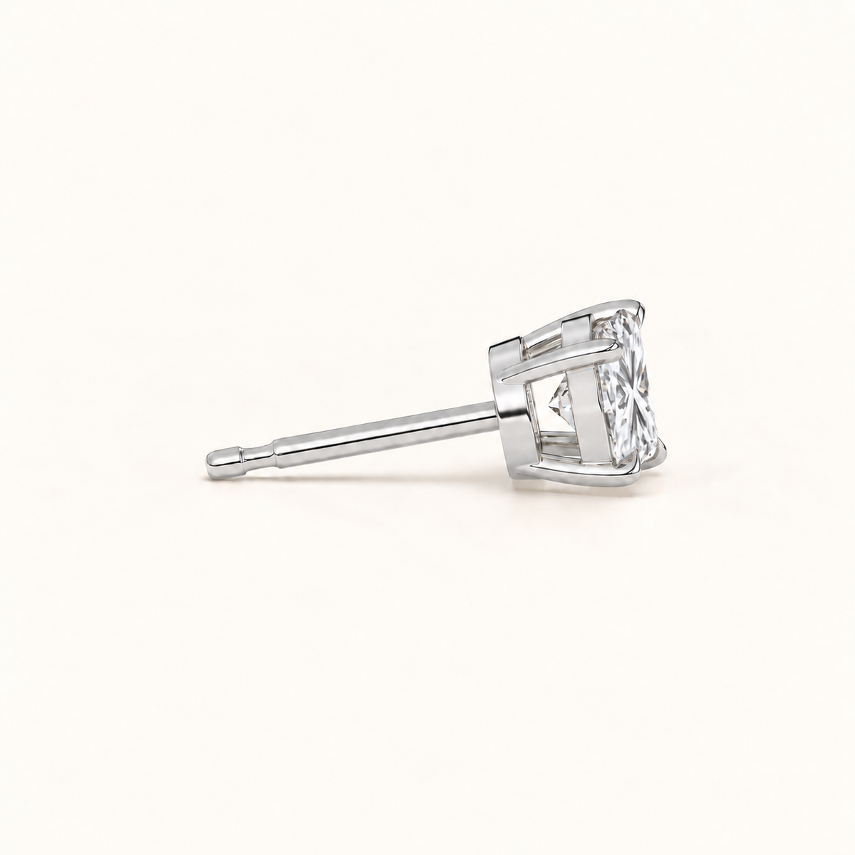Princess-cut diamond stud earrings, 2 total carat weight, platinum — side