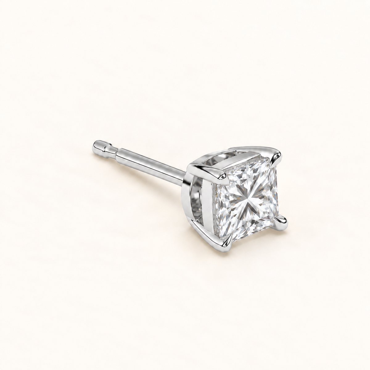 Princess-cut diamond stud earrings, 2 total carat weight, platinum — three-quarter
