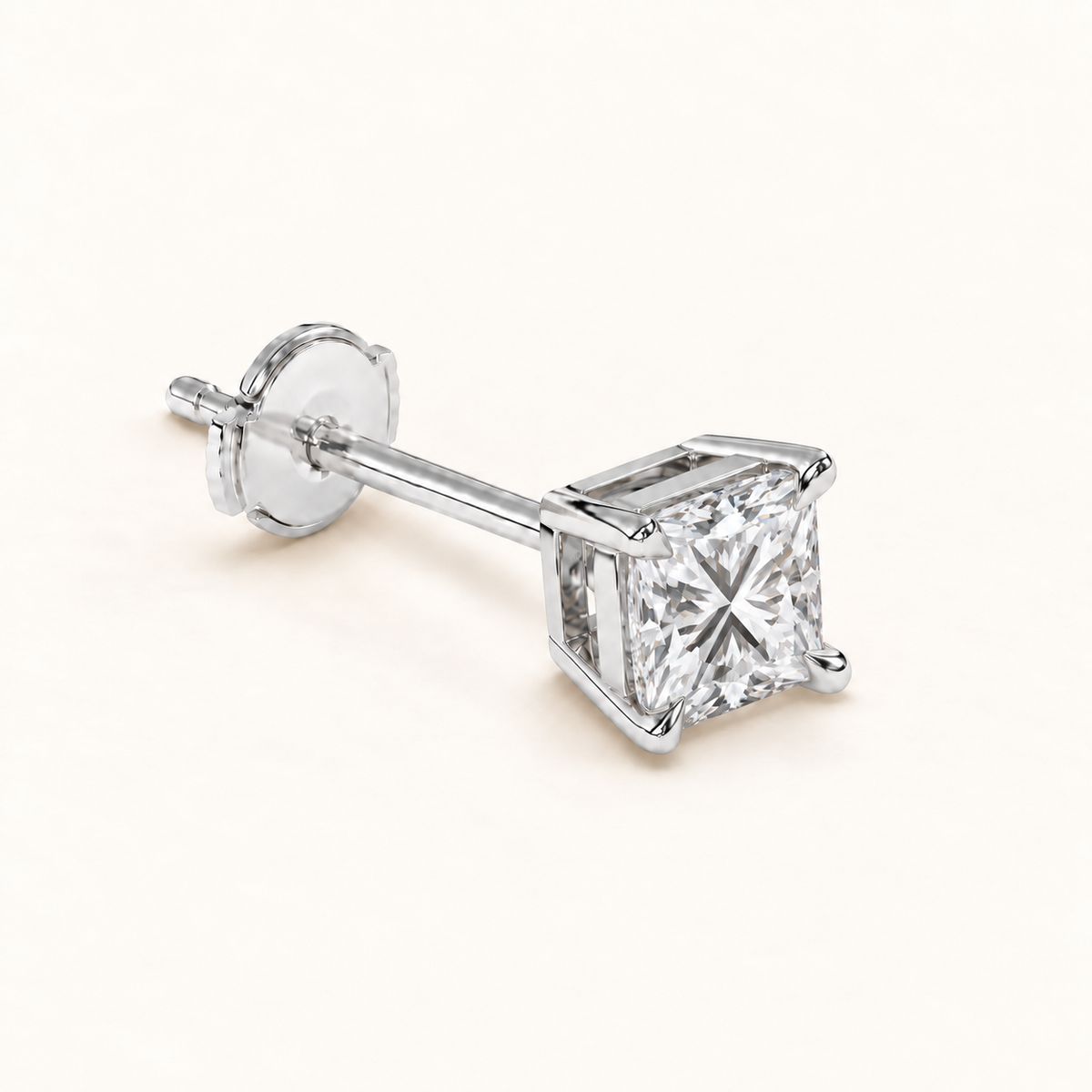 Princess-cut diamond stud earrings, 2 total carat weight, white gold — alpha-back