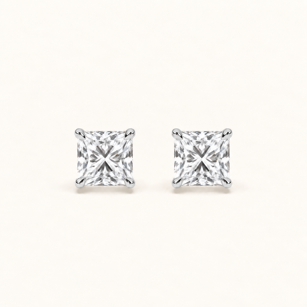 Princess-cut diamond stud earrings, 2 total carat weight, white gold — front