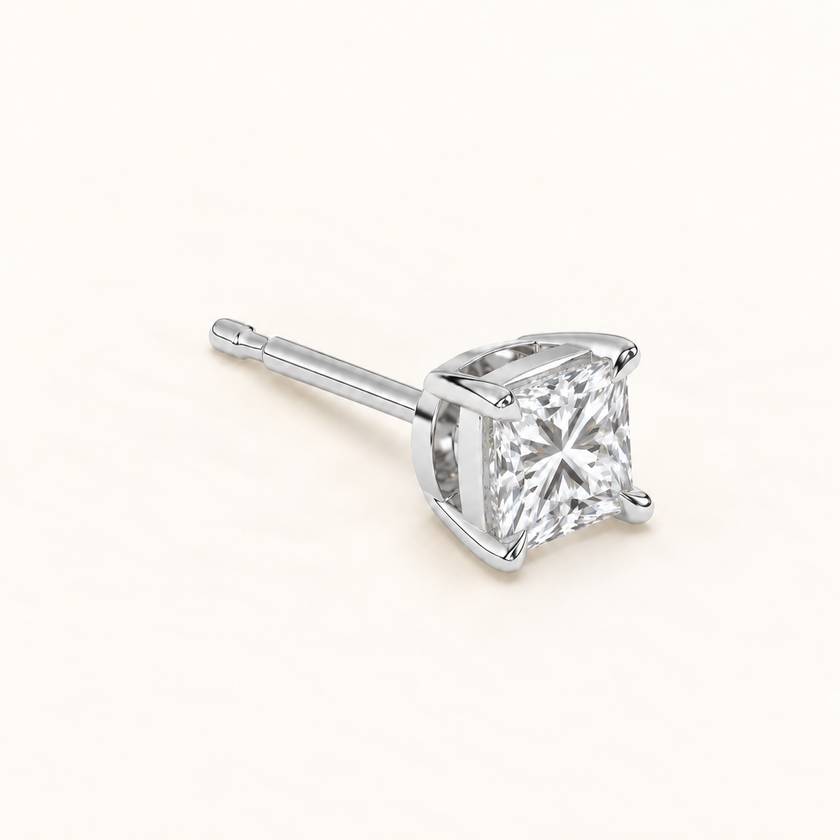Princess-cut diamond stud earrings, 2 total carat weight, white gold — three-quarter