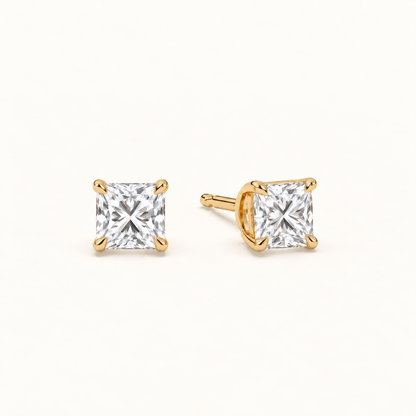 Princess-cut diamond stud earrings, 2 total carat weight, 14k yellow gold — angled