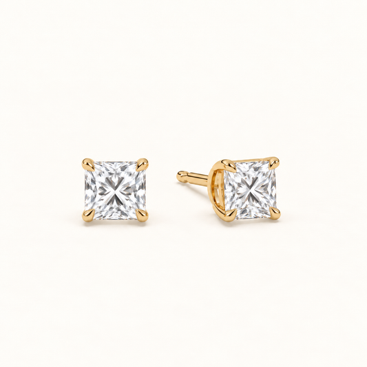 Princess-cut diamond stud earrings, 2 total carat weight, 14k yellow gold — angled