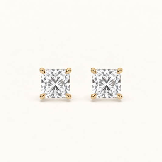 Princess-cut diamond stud earrings, 2 total carat weight, 14k yellow gold — front