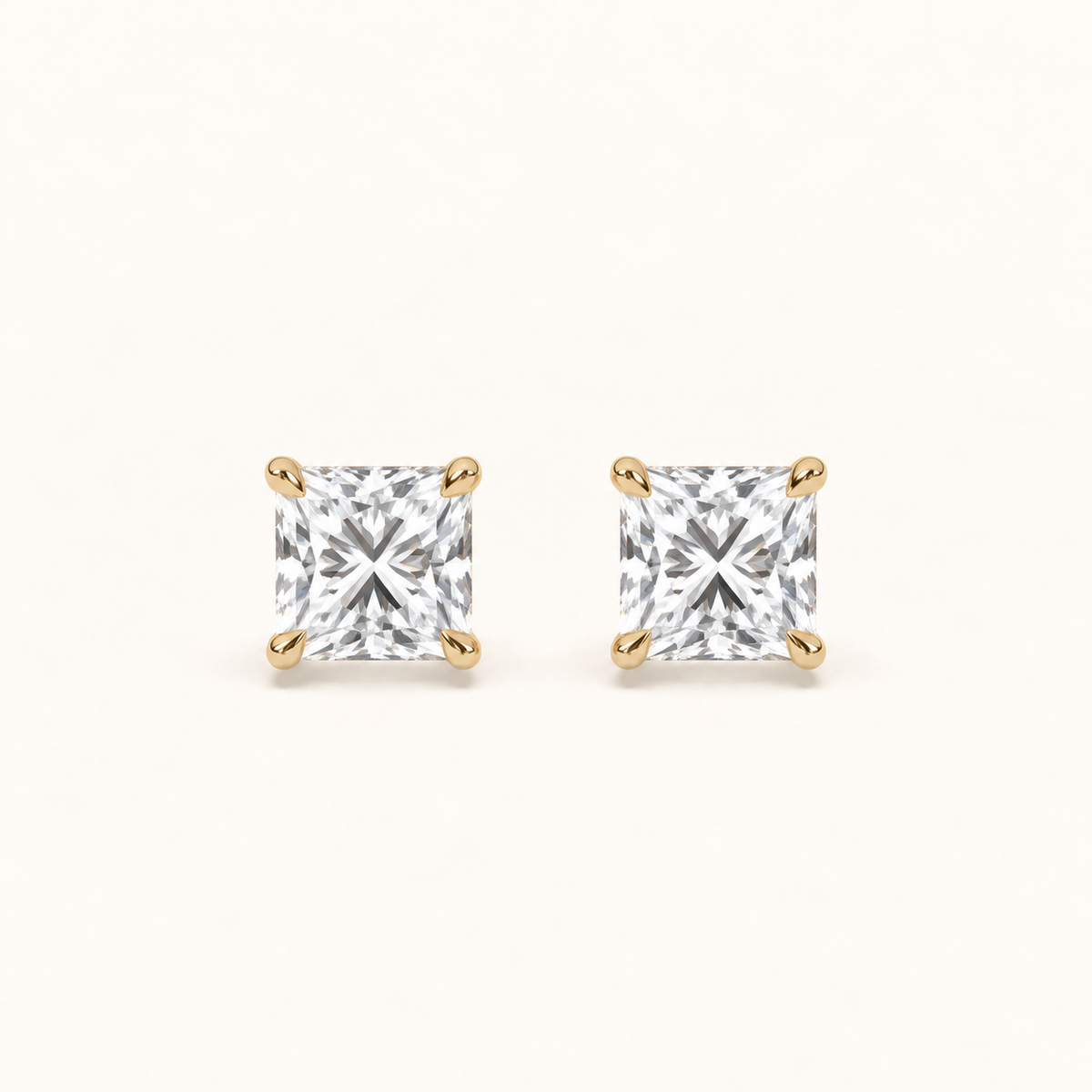 Princess-cut diamond stud earrings, 2 total carat weight, 14k yellow gold — front