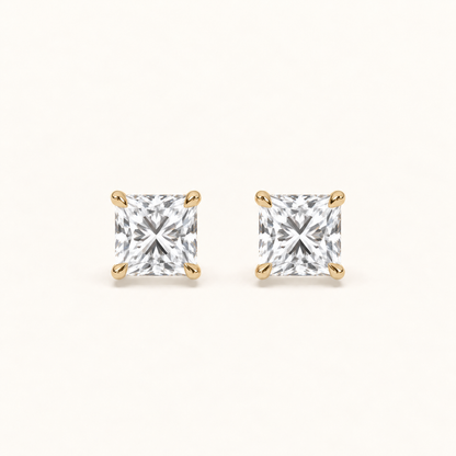 Princess-cut diamond stud earrings, 2 total carat weight, 14k yellow gold — front